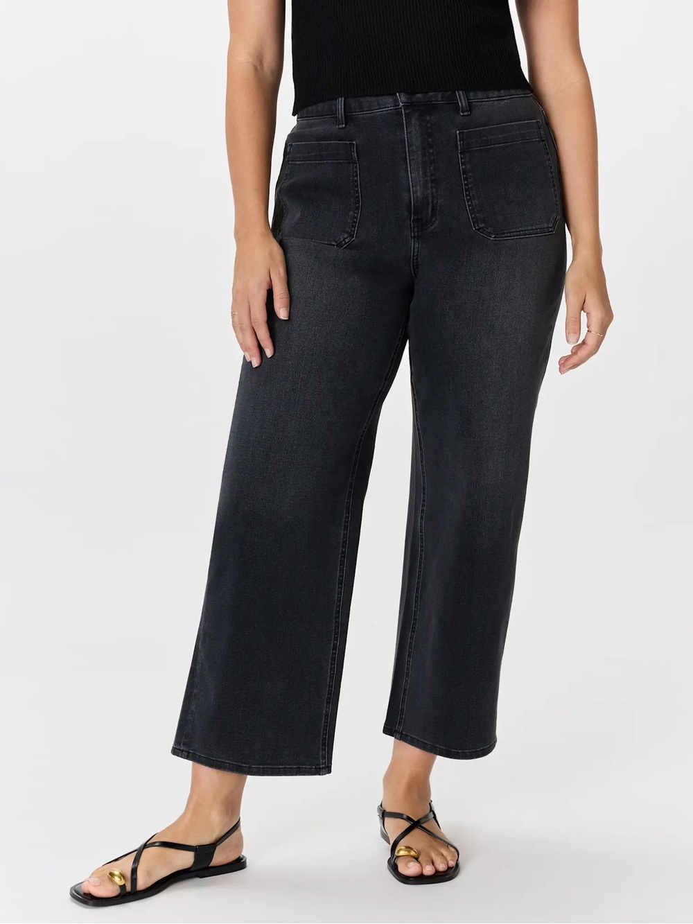 NWT Quince Bella Stretch Patch Pocket Wide Leg Jeans Faded Black Sz 32 Long
